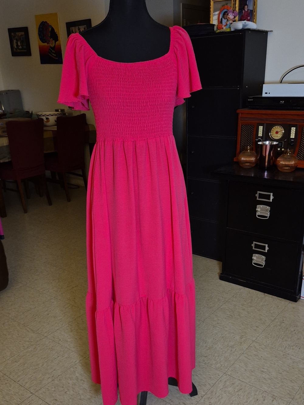 Hot Pink  Maxi Dress with Smocked Bodice W. Pockets
